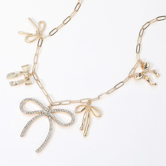 Rhinestone Crystal Bow 18K Gold Plated Charm Paperclip Chain Necklace Bracelet - Picture 1 of 5